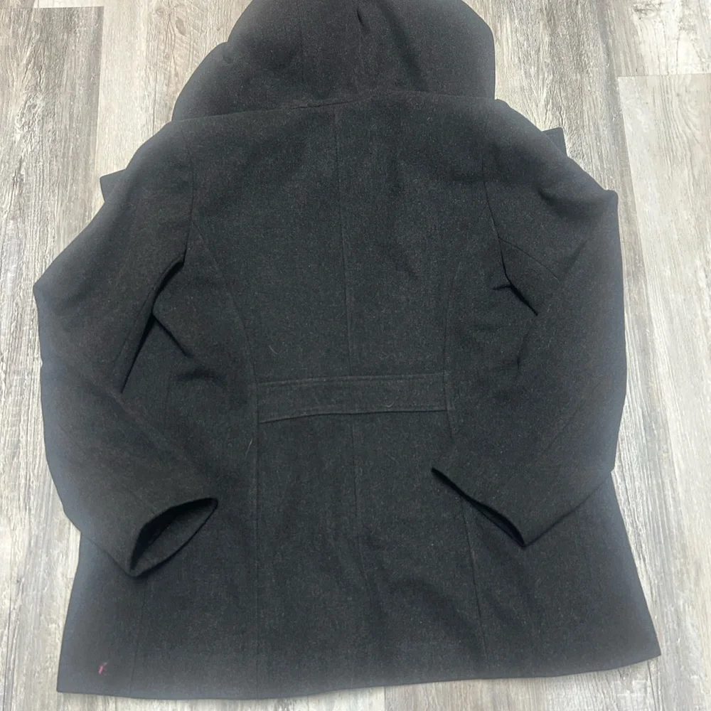 Anne Klein Charcoal Gray 100% Wool Hooded Pea Coat Size Medium